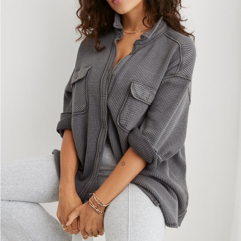 Aerie LumberJane Waffle Shirt Charcoal Grey Size Small